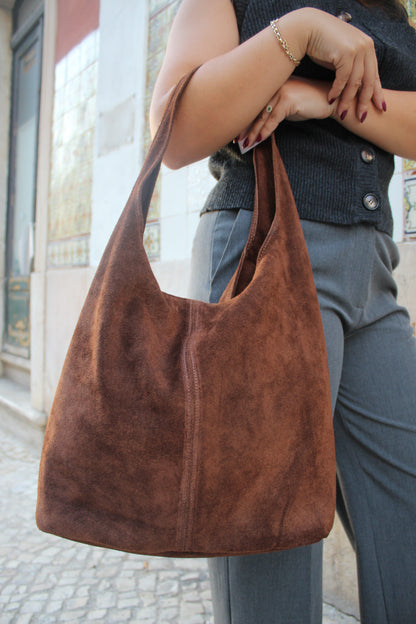 Mala "Tote Bag" em camurça castanha