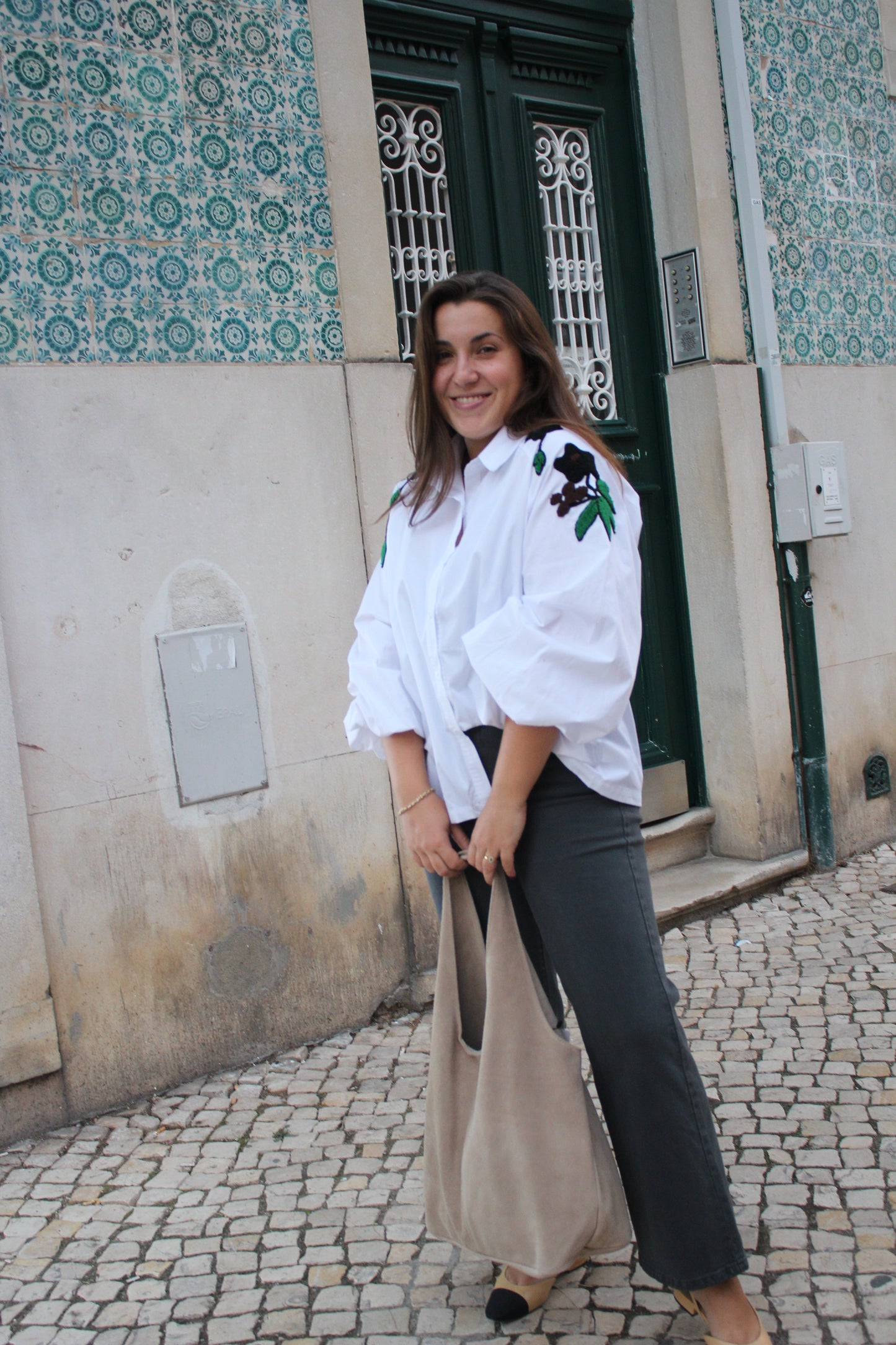 Mala "Tote Bag" em camurça clara